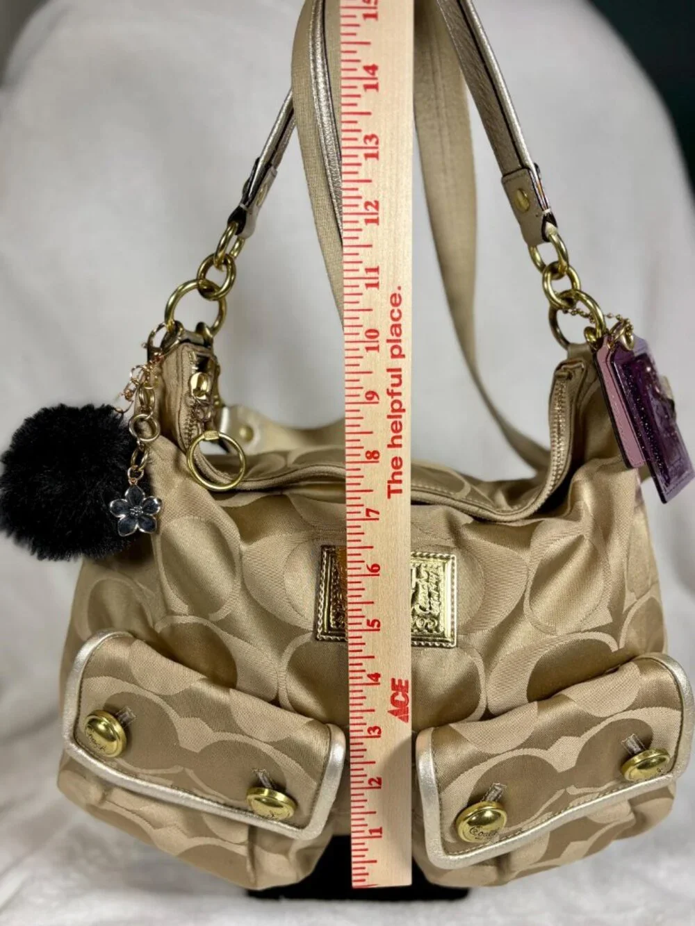 Y2K Coach Poppy Signature Sateen Pocket Hobo in Metallic Gold with Charms - Picture 9 of 13